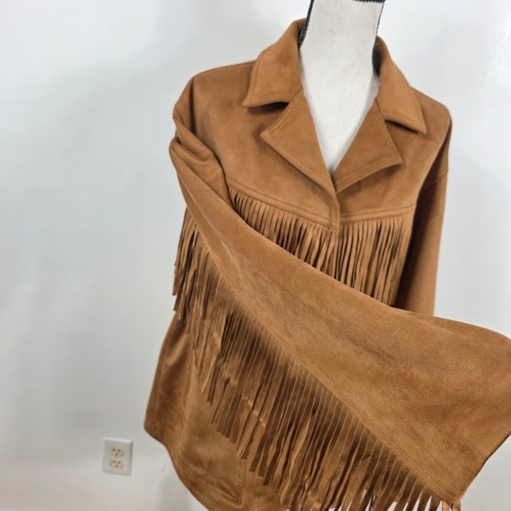 Abercrombie & Fitch Fringe Jacket Women‎ Large Tan Vegan Suede Western Boho NEW - Picture 8 of 12
